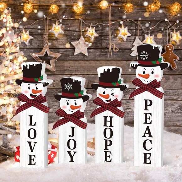 Wooden Snowman Joy Table Centerpiece Sign Winter Tiered Tray Home Decor - Picture 2 of 7